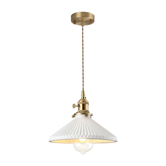 Pendantlightie - 1 - Light Ceramic White Vintage Pleated Conical Pendant - Pendants - White - 