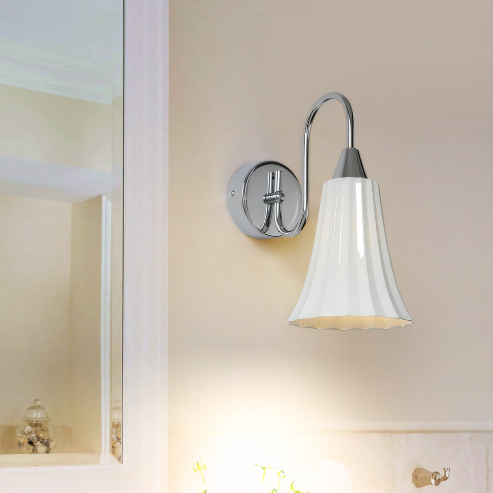 Pendantlightie-1-Light Gooseneck Bell French Vintage Ceramic Pleated Wall Lamp-Wall Light-Chrome-