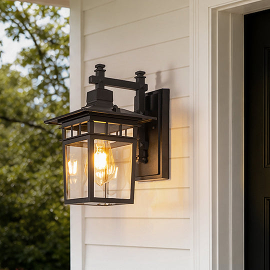 Pendantlightie-1-Light IP65 Black Classic Lantern Outdoor Wall Sconce Clear Glass-Outdoor Wall Light-Small-