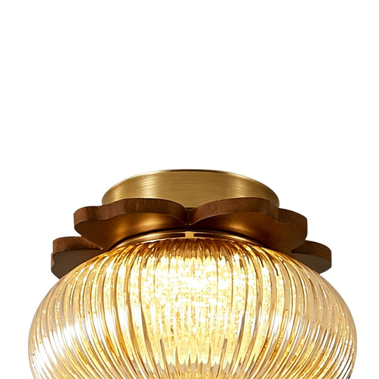 Pendantlightie-1-Light Wood Accents Round Drum Clear Ribbed Glass Semi Flush Mount-Semi Flush Mount-Amber-