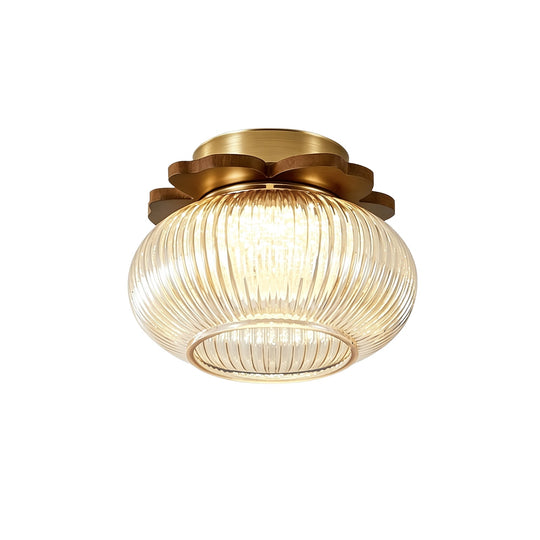 Pendantlightie-1-Light Wood Accents Round Drum Clear Ribbed Glass Semi Flush Mount-Semi Flush Mount-Amber-