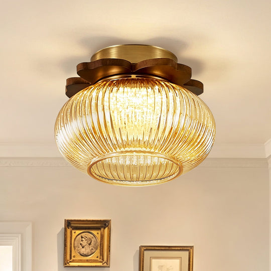 Pendantlightie-1-Light Wood Accents Round Drum Clear Ribbed Glass Semi Flush Mount-Semi Flush Mount-Amber-