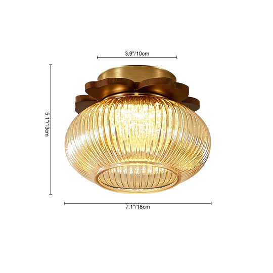Pendantlightie-1-Light Wood Accents Round Drum Clear Ribbed Glass Semi Flush Mount-Semi Flush Mount-Amber-