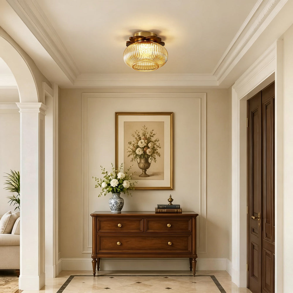 Pendantlightie-1-Light Wood Accents Round Drum Clear Ribbed Glass Semi Flush Mount-Semi Flush Mount-Amber-