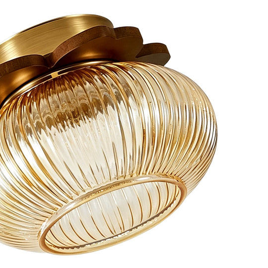 Pendantlightie-1-Light Wood Accents Round Drum Clear Ribbed Glass Semi Flush Mount-Semi Flush Mount-Amber-