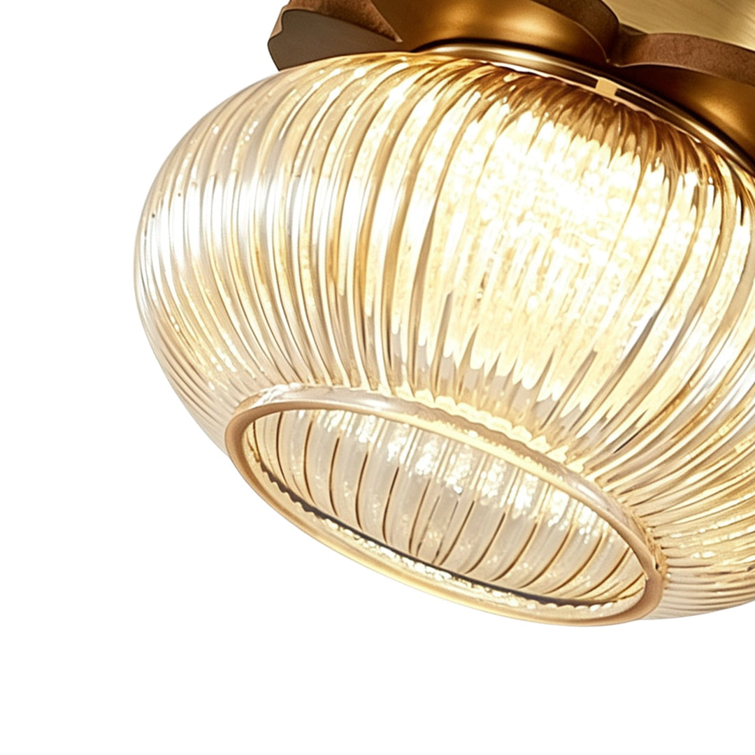Pendantlightie-1-Light Wood Accents Round Drum Clear Ribbed Glass Semi Flush Mount-Semi Flush Mount-Amber-