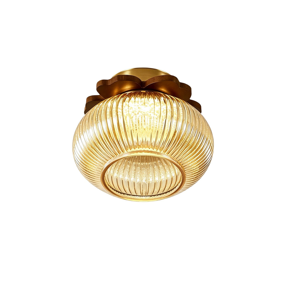 Pendantlightie-1-Light Wood Accents Round Drum Clear Ribbed Glass Semi Flush Mount-Semi Flush Mount-Amber-