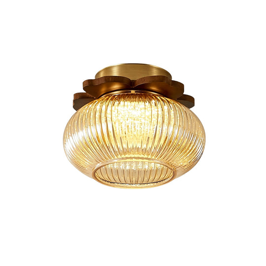 Pendantlightie-1-Light Wood Accents Round Drum Clear Ribbed Glass Semi Flush Mount-Semi Flush Mount-Amber-
