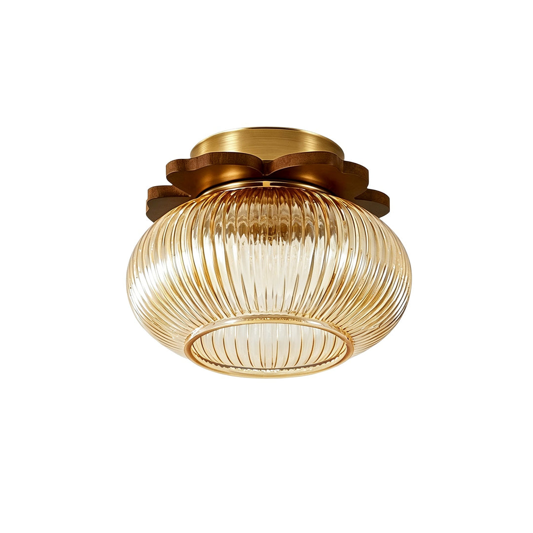 Pendantlightie-1-Light Wood Accents Round Drum Clear Ribbed Glass Semi Flush Mount-Semi Flush Mount-Amber-