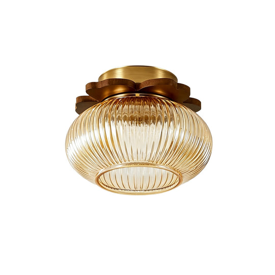 Pendantlightie-1-Light Wood Accents Round Drum Clear Ribbed Glass Semi Flush Mount-Semi Flush Mount-Amber-