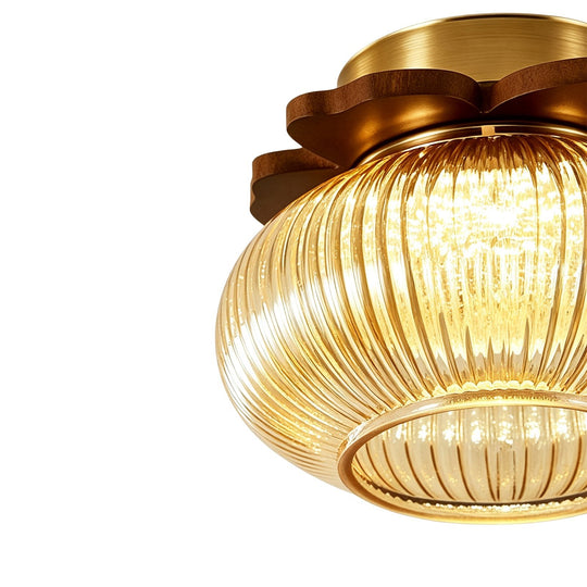 Pendantlightie-1-Light Wood Accents Round Drum Clear Ribbed Glass Semi Flush Mount-Semi Flush Mount-Amber-