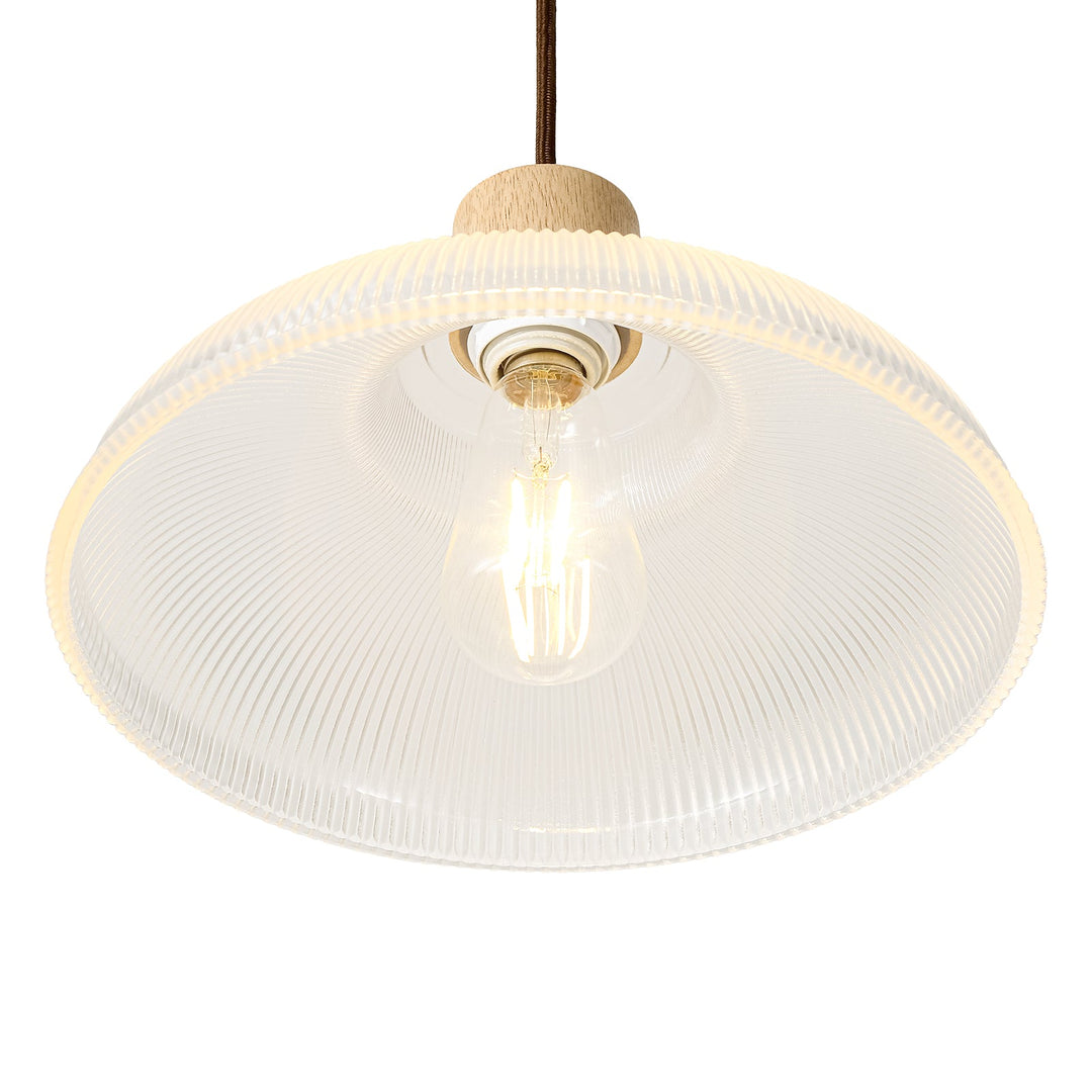 Pendantlightie-1-Light Wood Accents Wide Edge Ribbed Dome Shape Glass Pendant Light-Pendants-Small-