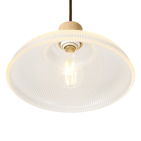 Pendantlightie-1-Light Wood Accents Wide Edge Ribbed Dome Shape Glass Pendant Light-Pendants-Small-