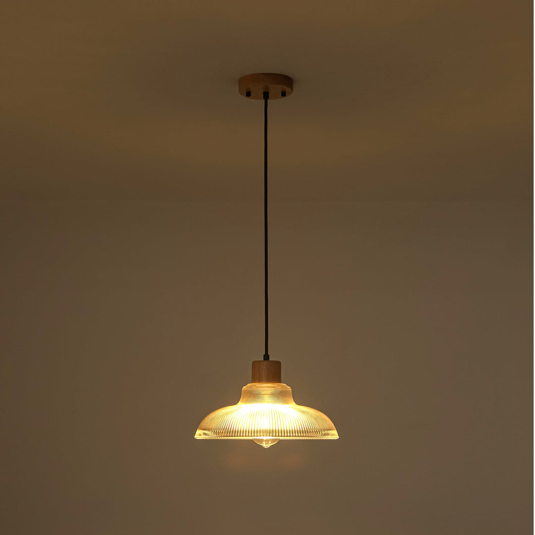 Pendantlightie-1-Light Wood Accents Wide Edge Ribbed Dome Shape Glass Pendant Light-Pendants-Small-