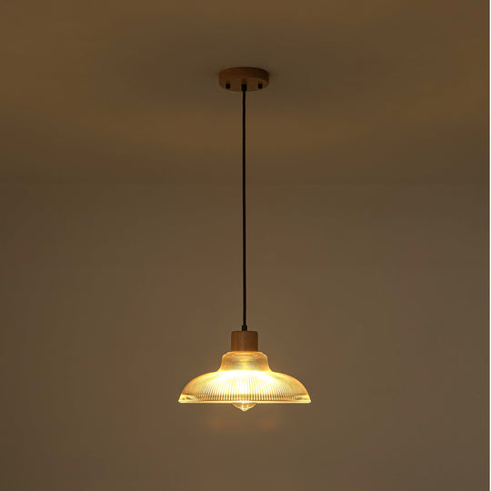 Pendantlightie-1-Light Wood Accents Wide Edge Ribbed Dome Shape Glass Pendant Light-Pendants-Small-