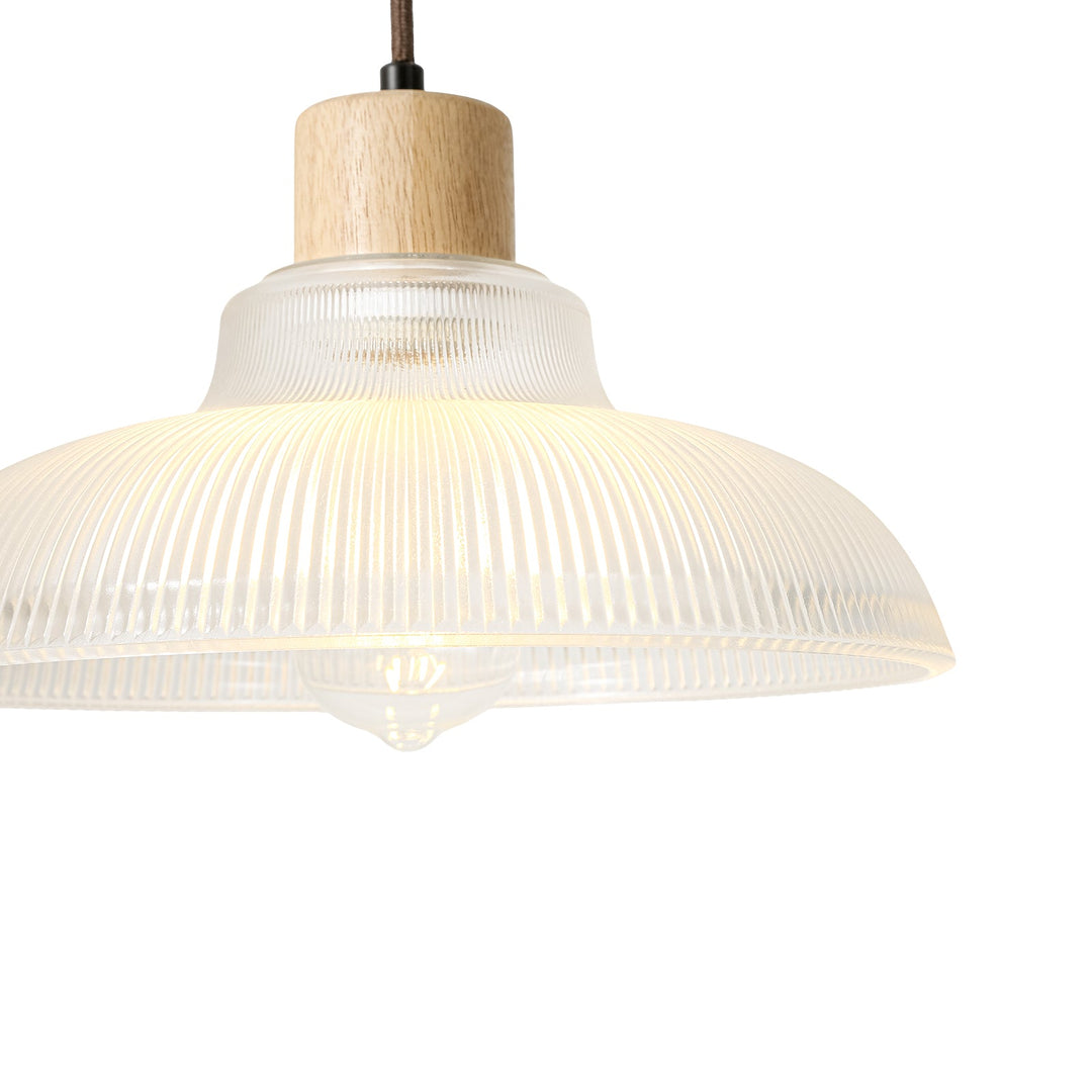 Pendantlightie-1-Light Wood Accents Wide Edge Ribbed Dome Shape Glass Pendant Light-Pendants-Small-