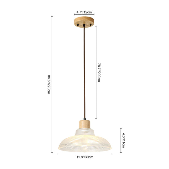 Pendantlightie-1-Light Wood Accents Wide Edge Ribbed Dome Shape Glass Pendant Light-Pendants-Small-