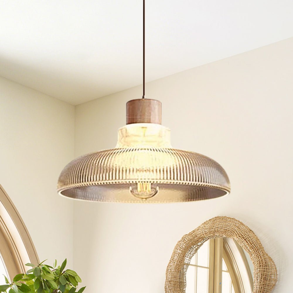 Pendantlightie - 1 - Light Wood Accents Wide Edge Ribbed Dome Shape Glass Pendant Light - Pendants - Small - 