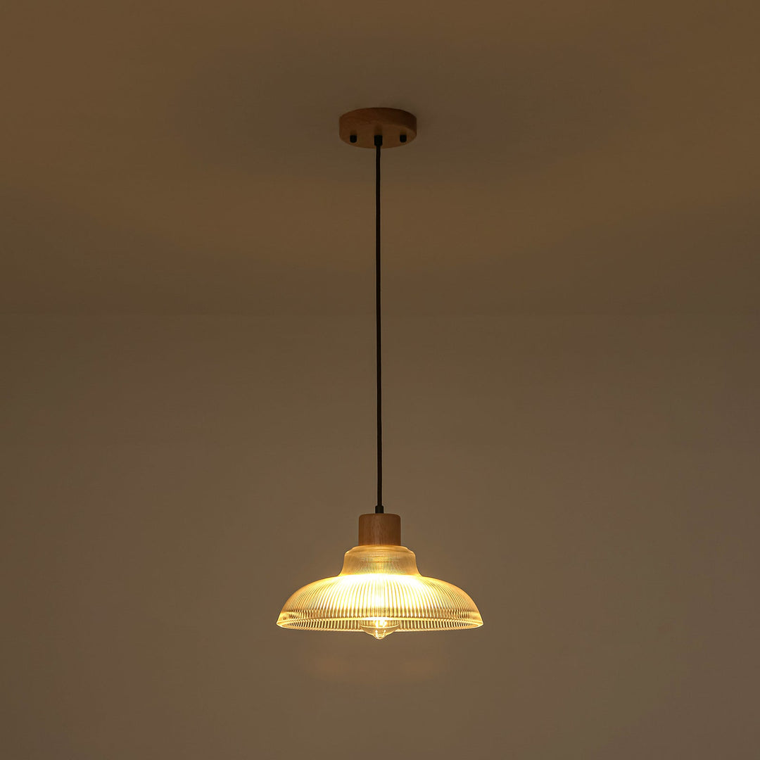 Pendantlightie-1-Light Wood Accents Wide Edge Ribbed Dome Shape Glass Pendant Light-Pendants-Small-