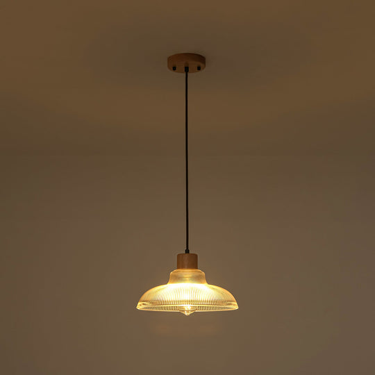 Pendantlightie-1-Light Wood Accents Wide Edge Ribbed Dome Shape Glass Pendant Light-Pendants-Small-