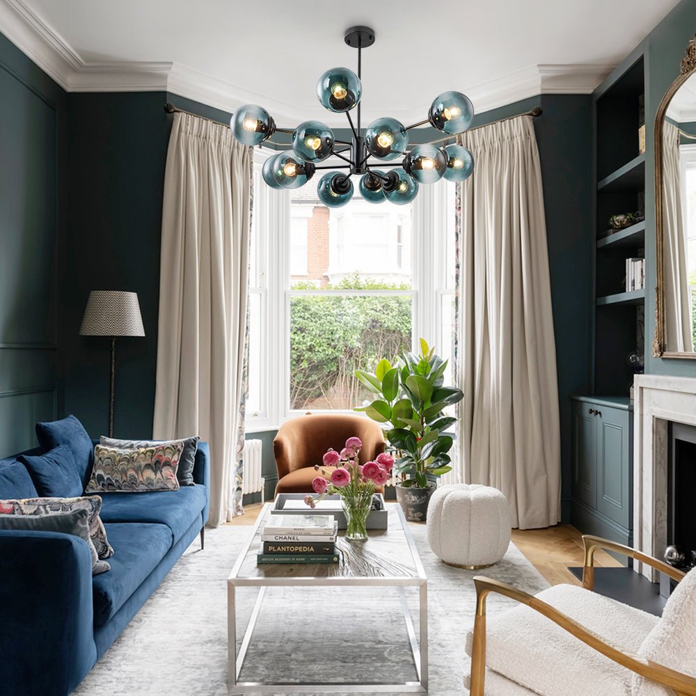 Pendantlightie - 12 - Light Gradient Blue Modern Linear Sputnik Glass Bubble Chandelier - Chandeliers - Black - 