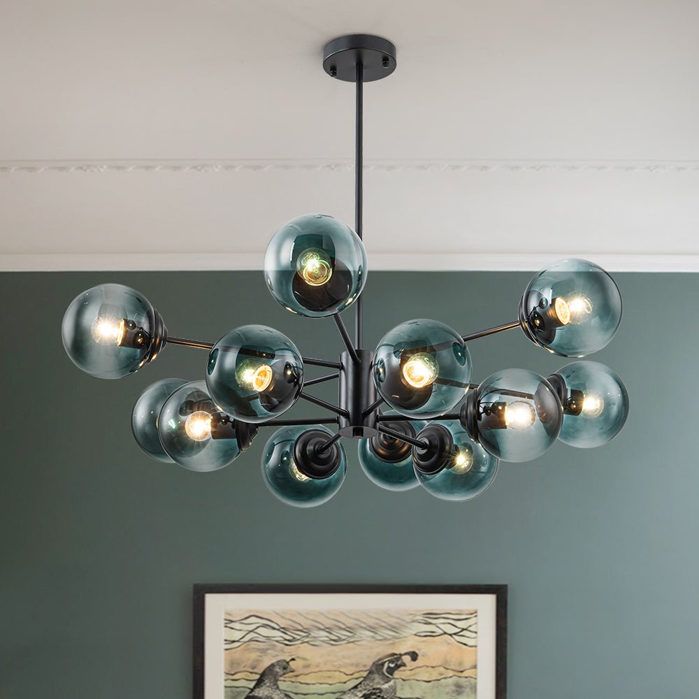 Pendantlightie - 12 - Light Gradient Blue Modern Linear Sputnik Glass Bubble Chandelier - Chandeliers - Brass - 