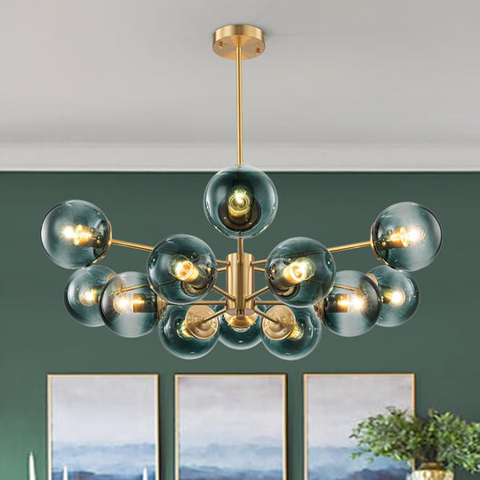 Pendantlightie - 12 - Light Gradient Blue Modern Linear Sputnik Glass Bubble Chandelier - Chandeliers - Brass - 