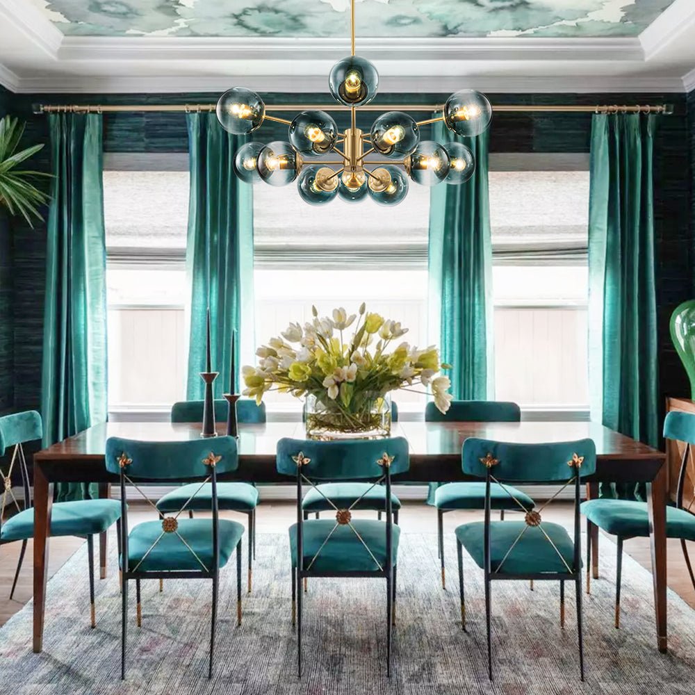 Pendantlightie - 12 - Light Gradient Blue Modern Linear Sputnik Glass Bubble Chandelier - Chandeliers - Brass - 