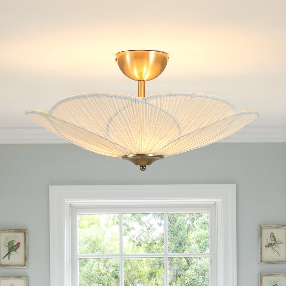 Pendantlightie - 3 - Light Flower Scalloped Fabric Pleated Shade Bowl Semi Ceiling Light - Semi Flush Mount - Brass - 