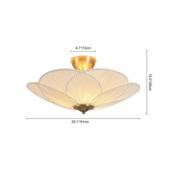 Pendantlightie - 3 - Light Flower Scalloped Fabric Pleated Shade Bowl Semi Ceiling Light - Semi Flush Mount - Brass - 