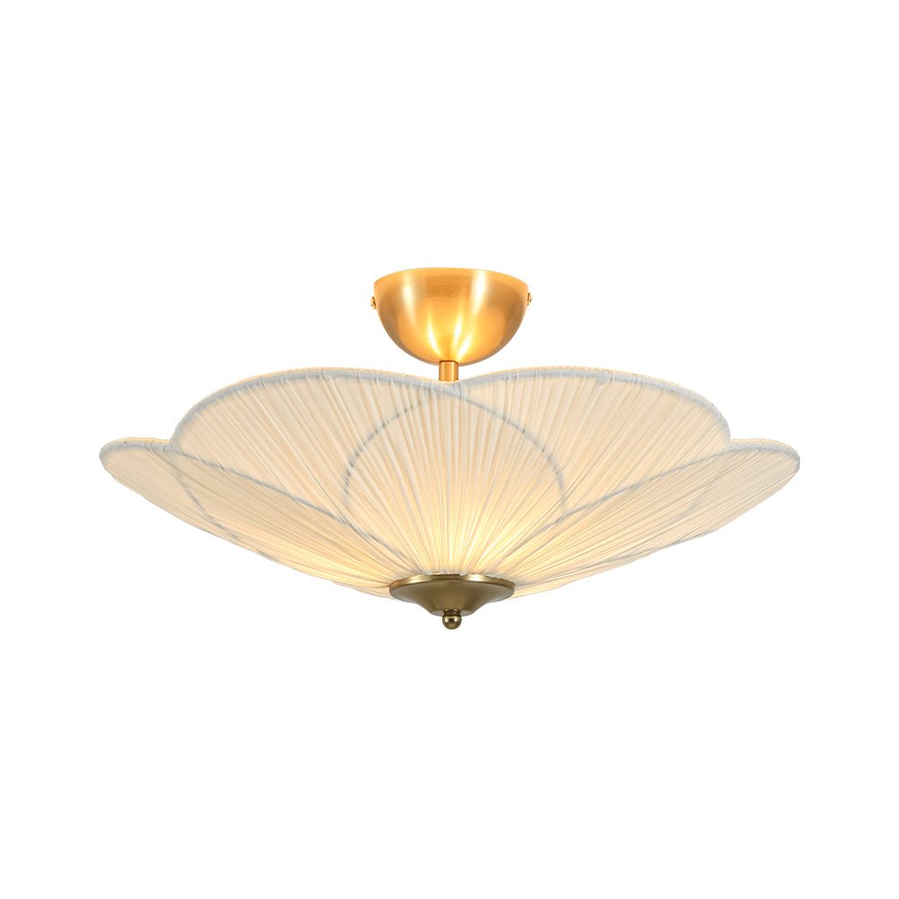 Pendantlightie - 3 - Light Flower Scalloped Fabric Pleated Shade Bowl Semi Ceiling Light - Semi Flush Mount - Brass - 