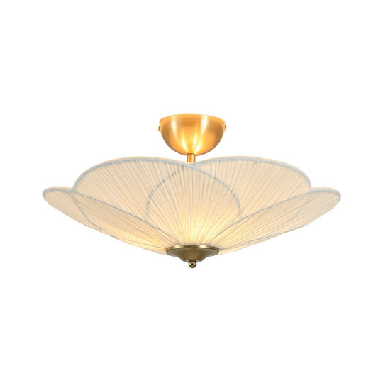Pendantlightie - 3 - Light Flower Scalloped Fabric Pleated Shade Bowl Semi Ceiling Light - Semi Flush Mount - Brass - 