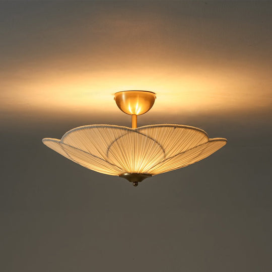 Pendantlightie - 3 - Light Flower Scalloped Fabric Pleated Shade Bowl Semi Ceiling Light - Semi Flush Mount - Brass - 
