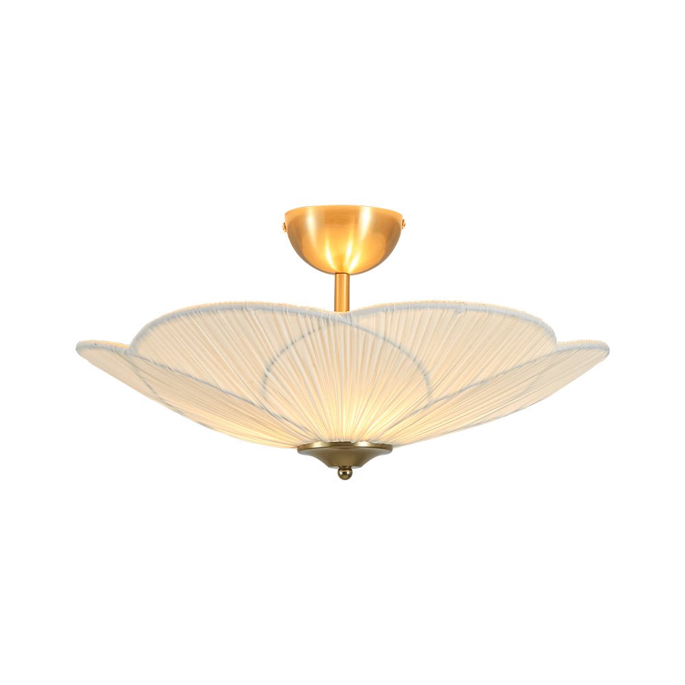 Pendantlightie - 3 - Light Flower Scalloped Fabric Pleated Shade Bowl Semi Ceiling Light - Semi Flush Mount - Brass - 