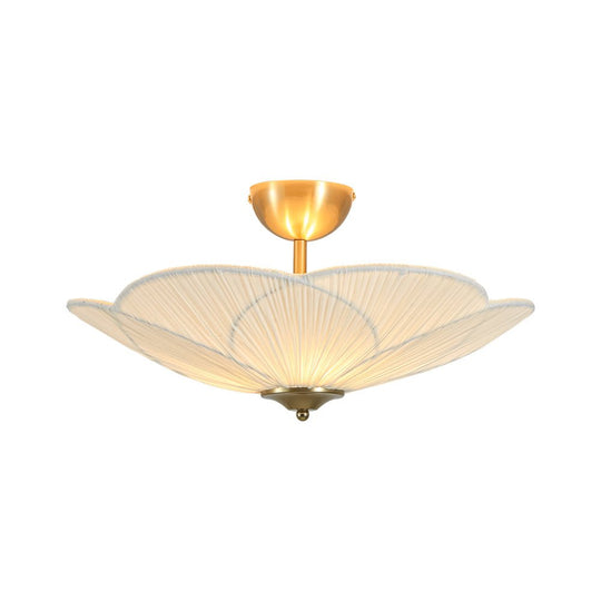 Pendantlightie - 3 - Light Flower Scalloped Fabric Pleated Shade Bowl Semi Ceiling Light - Semi Flush Mount - Brass - 