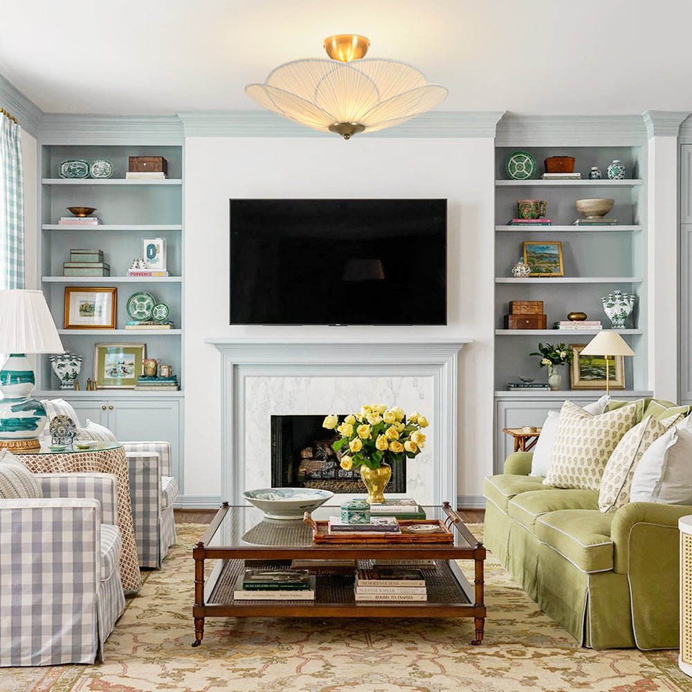 Pendantlightie - 3 - Light Flower Scalloped Fabric Pleated Shade Bowl Semi Ceiling Light - Semi Flush Mount - Brass - 