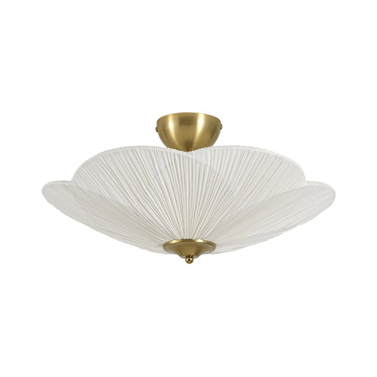 Pendantlightie - 3 - Light Flower Scalloped Fabric Pleated Shade Bowl Semi Ceiling Light - Semi Flush Mount - Brass - 
