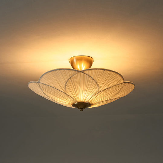 Pendantlightie - 3 - Light Flower Scalloped Fabric Pleated Shade Bowl Semi Ceiling Light - Semi Flush Mount - Brass - 