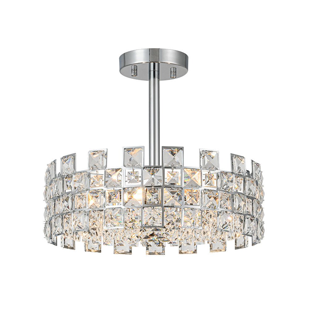 Pendantlightie - 4 - Light Hollow Design Facet Glam Crystal Drum Semi Flush Ceiling Light - Semi Flush Mount - Chrome - 