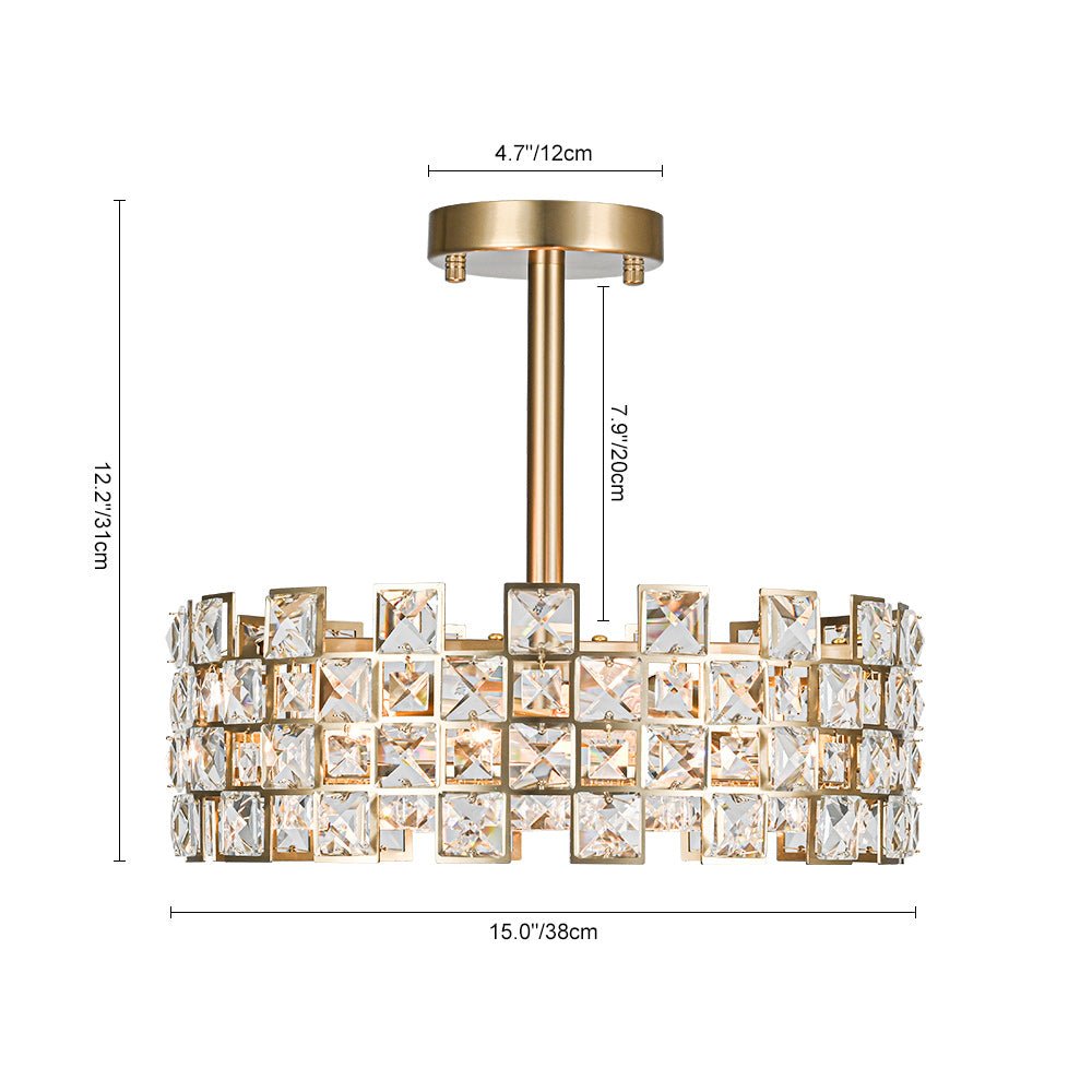 Pendantlightie - 4 - Light Hollow Design Facet Glam Crystal Drum Semi Flush Ceiling Light - Semi Flush Mount - Chrome - 