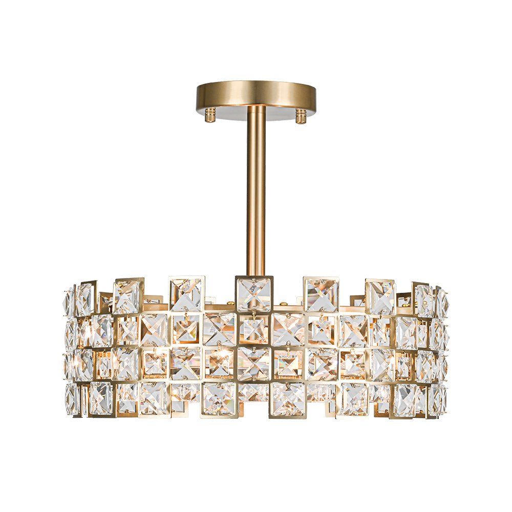 Pendantlightie - 4 - Light Hollow Design Facet Glam Crystal Drum Semi Flush Ceiling Light - Semi Flush Mount - Chrome - 