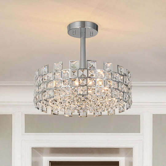 Pendantlightie - 4 - Light Hollow Design Facet Glam Crystal Drum Semi Flush Ceiling Light - Semi Flush Mount - Chrome - 