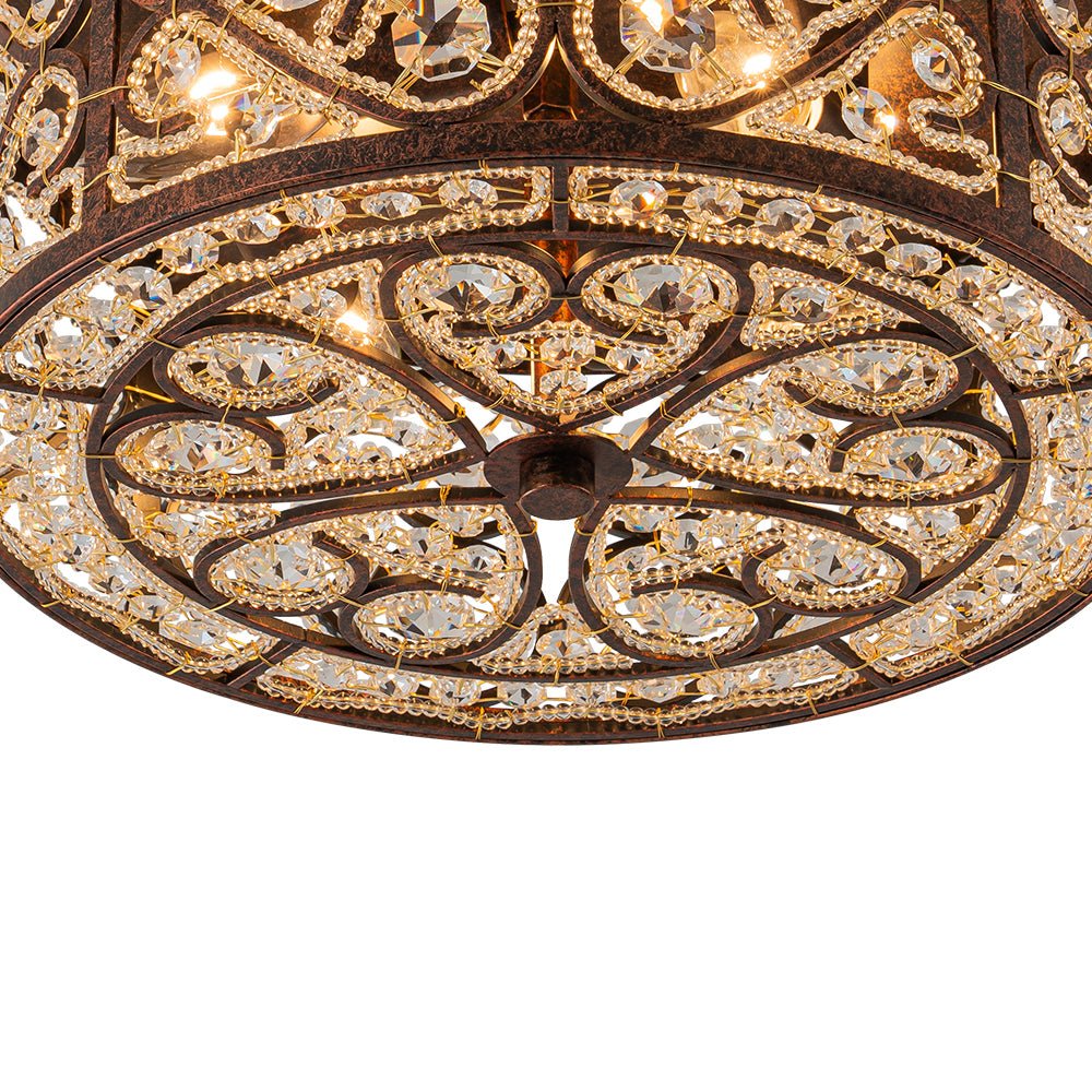 Pendantlightie - 4 - Light Vintage Crystal Drum Ceiling Light - Flush Mount - Antique copper - 