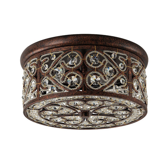 Pendantlightie - 4 - Light Vintage Crystal Drum Ceiling Light - Flush Mount - Antique copper - 