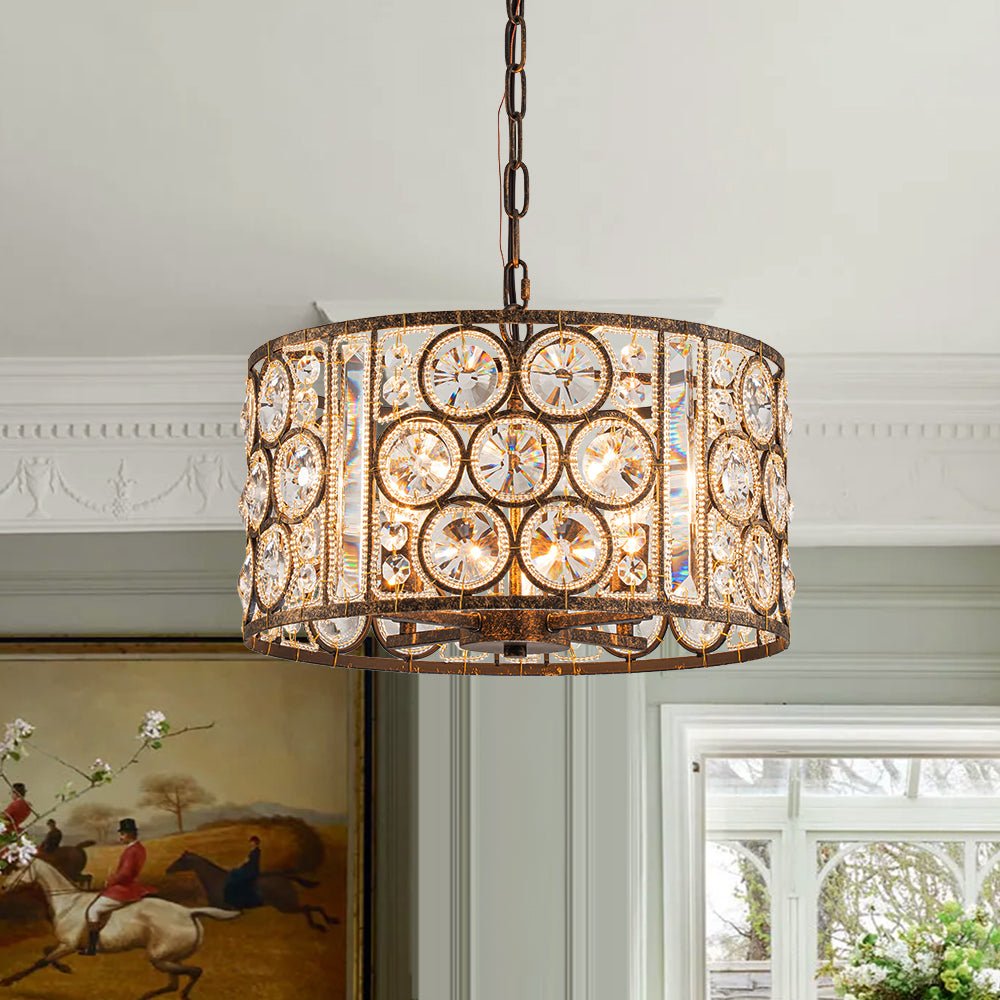 Pendantlightie - 4 - Light Vintage Crystal Drum Shade Chandelier - Chandeliers - Antique Bronze - 