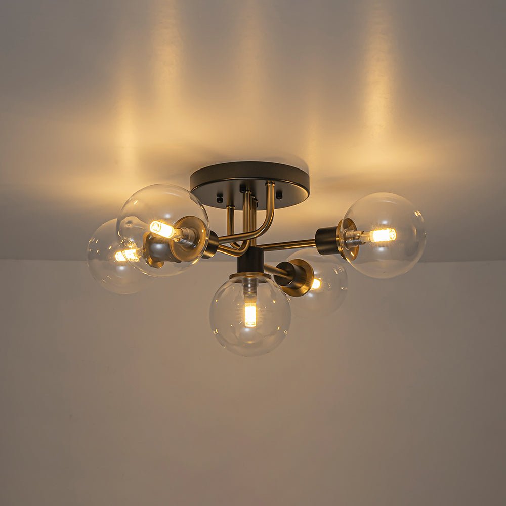 Pendantlightie - 5 - Light Black And Gold Modern Sputnik Globe Glass Semi Flush Mount Light - Semi Flush Mount - Clear Glass - 