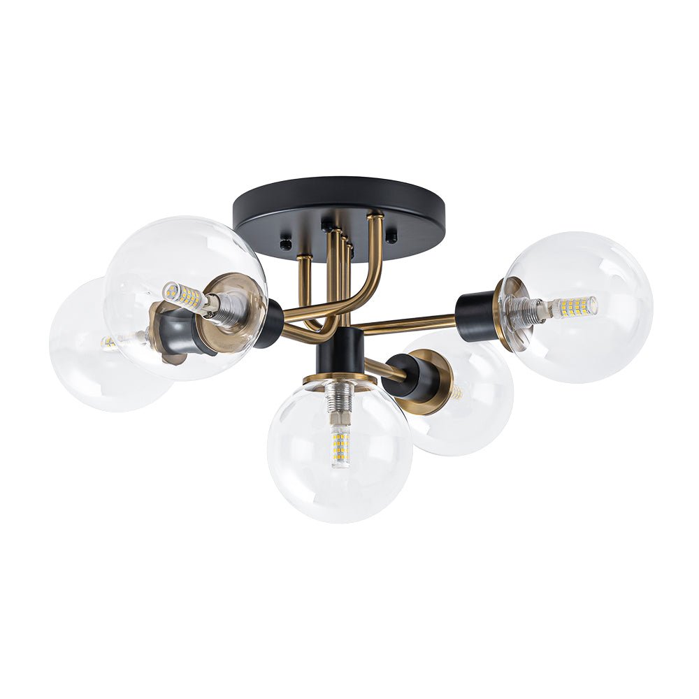 Pendantlightie - 5 - Light Black And Gold Modern Sputnik Globe Glass Semi Flush Mount Light - Semi Flush Mount - Clear Glass - 