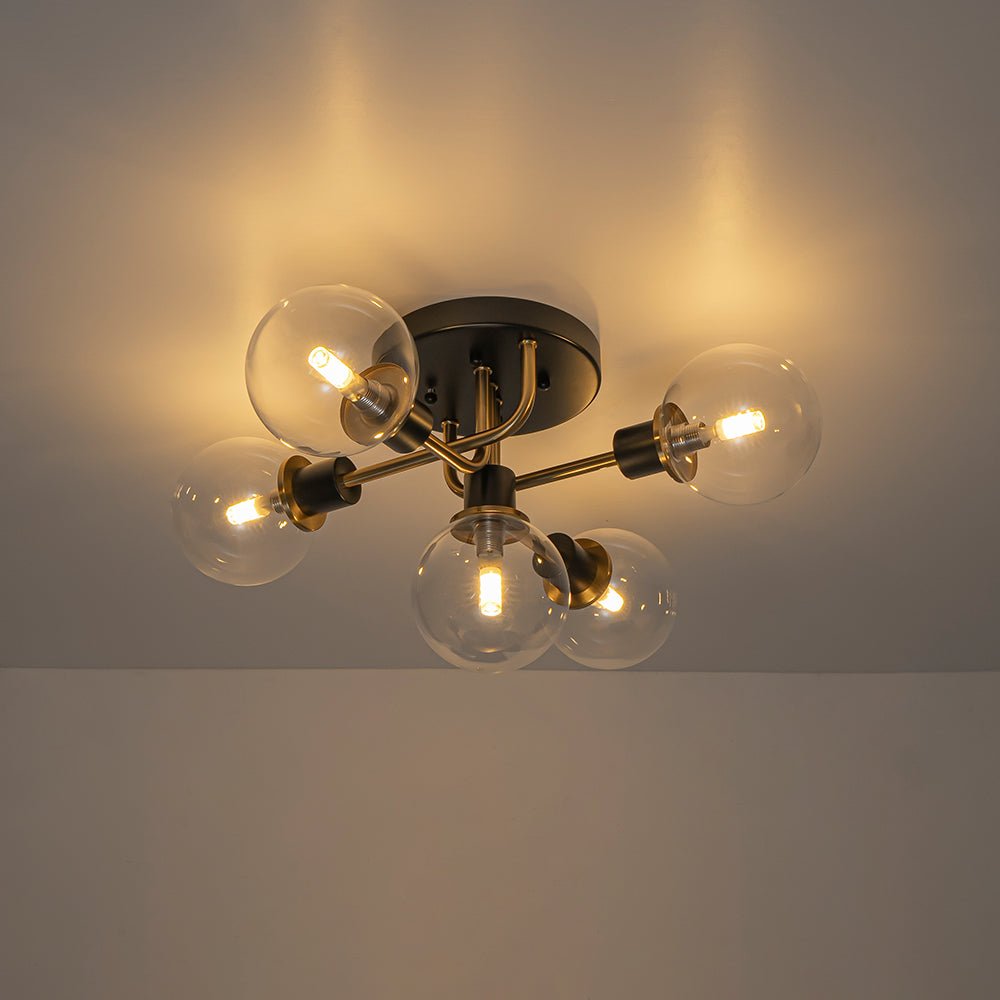 Pendantlightie - 5 - Light Black And Gold Modern Sputnik Globe Glass Semi Flush Mount Light - Semi Flush Mount - Clear Glass - 