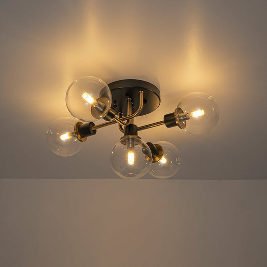 Pendantlightie - 5 - Light Black And Gold Modern Sputnik Globe Glass Semi Flush Mount Light - Semi Flush Mount - Clear Glass - 
