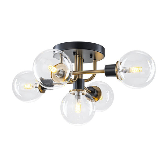 Pendantlightie - 5 - Light Black And Gold Modern Sputnik Globe Glass Semi Flush Mount Light - Semi Flush Mount - Clear Glass - 